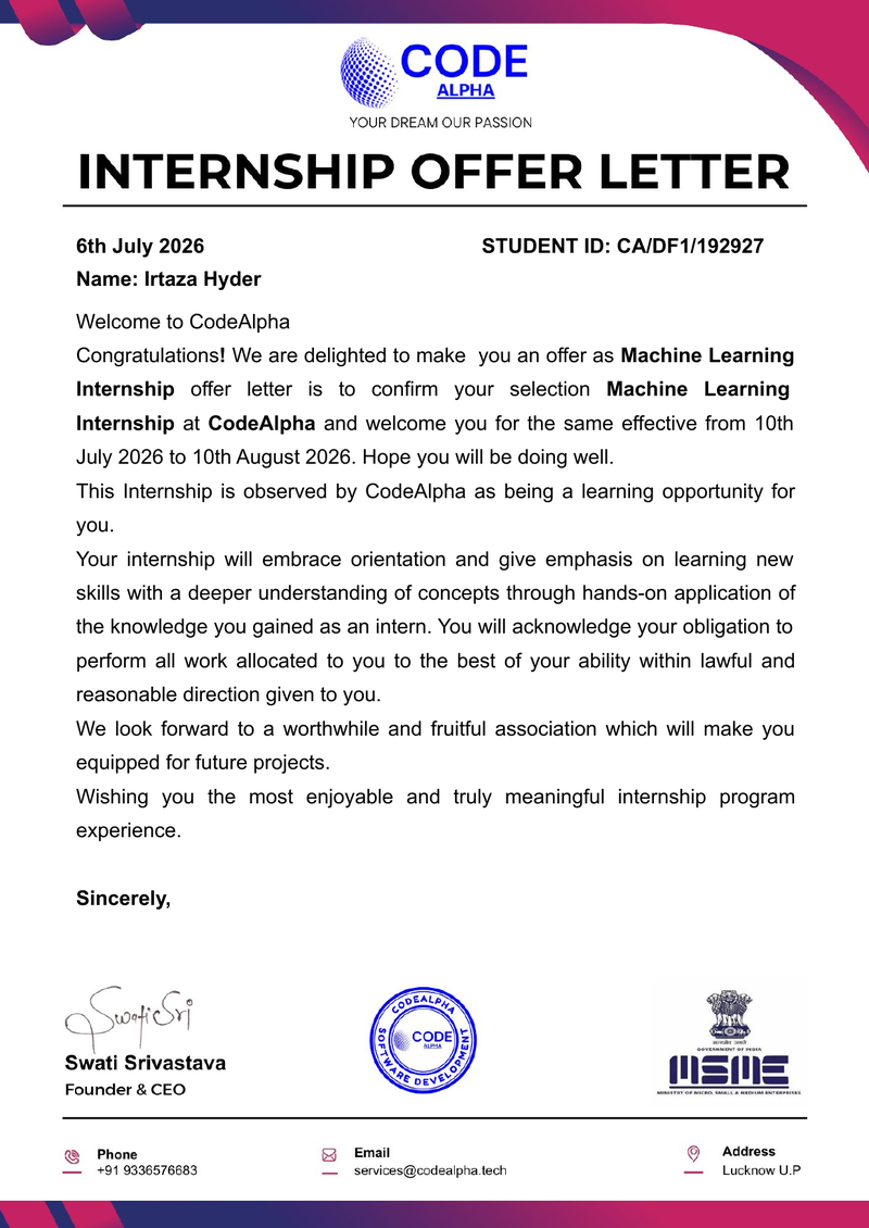 CodeAlpha Machine Learning Internship offer letter