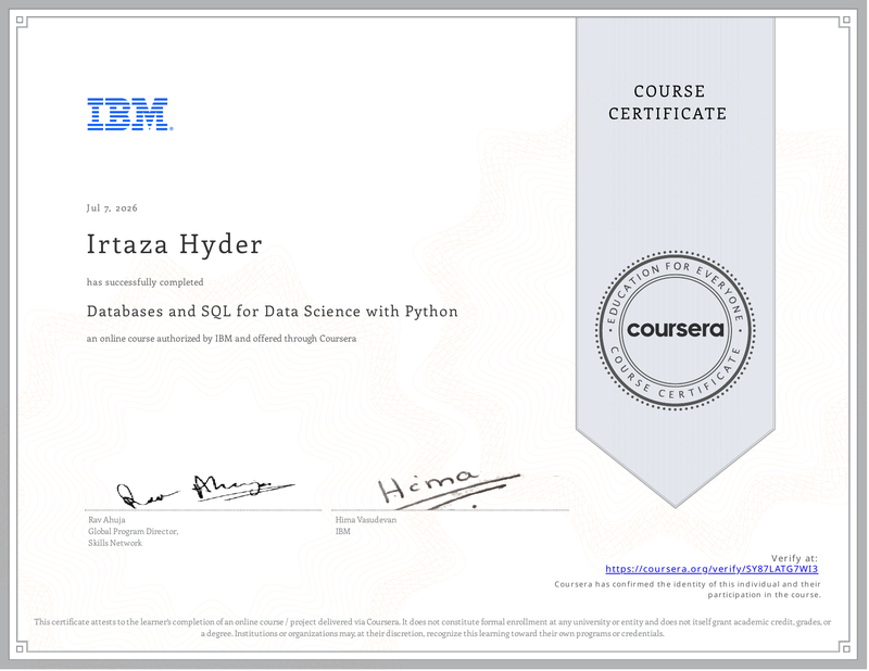 Databases and SQL for Data Science with Python certificate