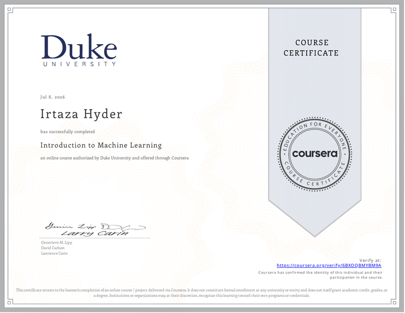 Duke University Introduction to Machine Learning certificate