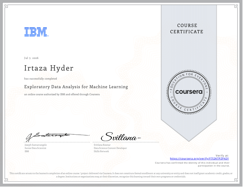 Exploratory Data Analysis for Machine Learning certificate