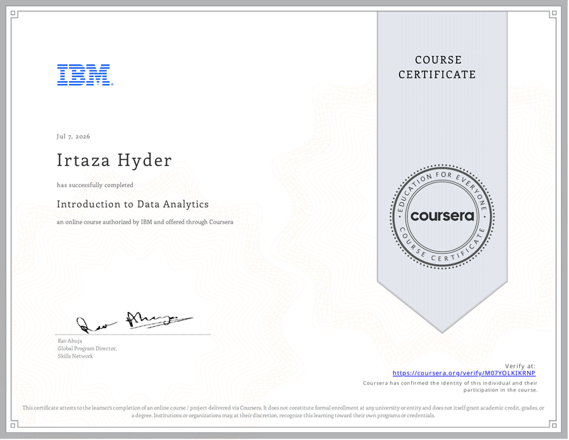 Introduction to Data Analytics certificate