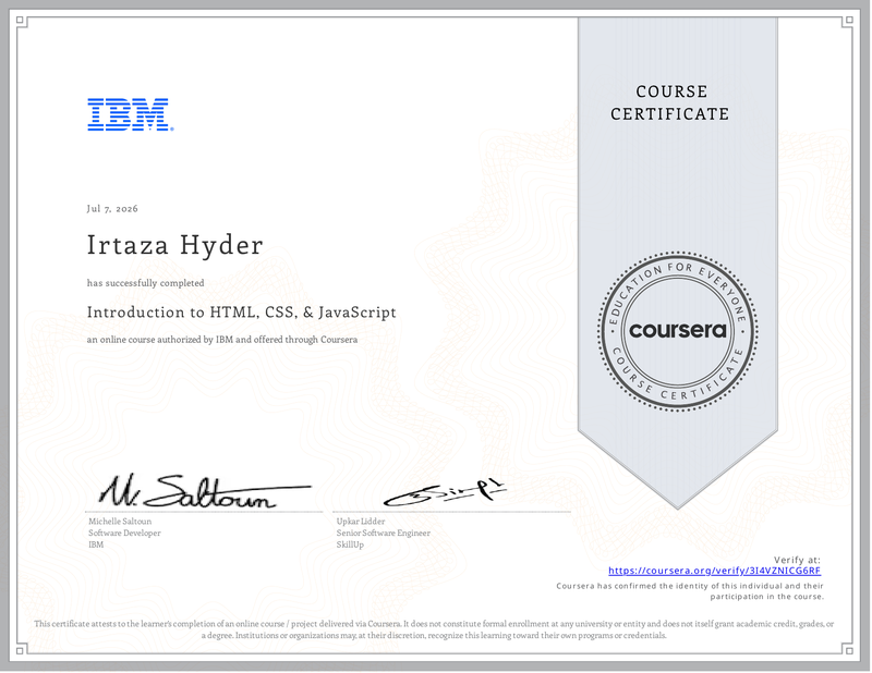 Introduction to HTML, CSS and JavaScript certificate
