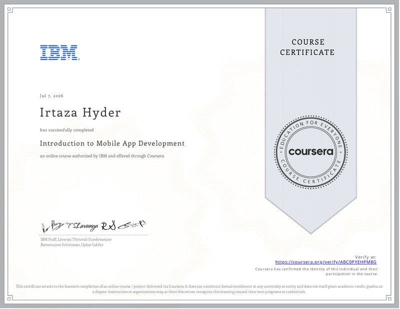 Introduction to Mobile App Development certificate