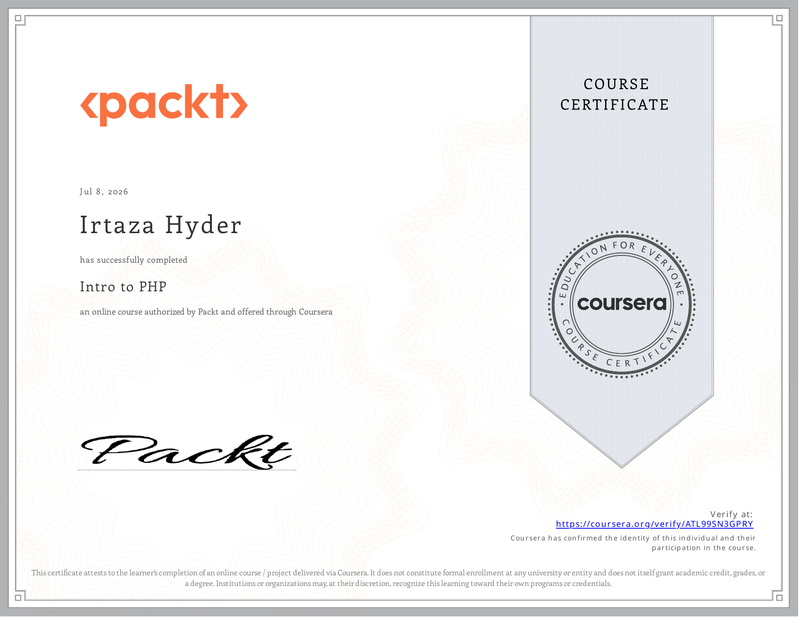 Intro to PHP certificate