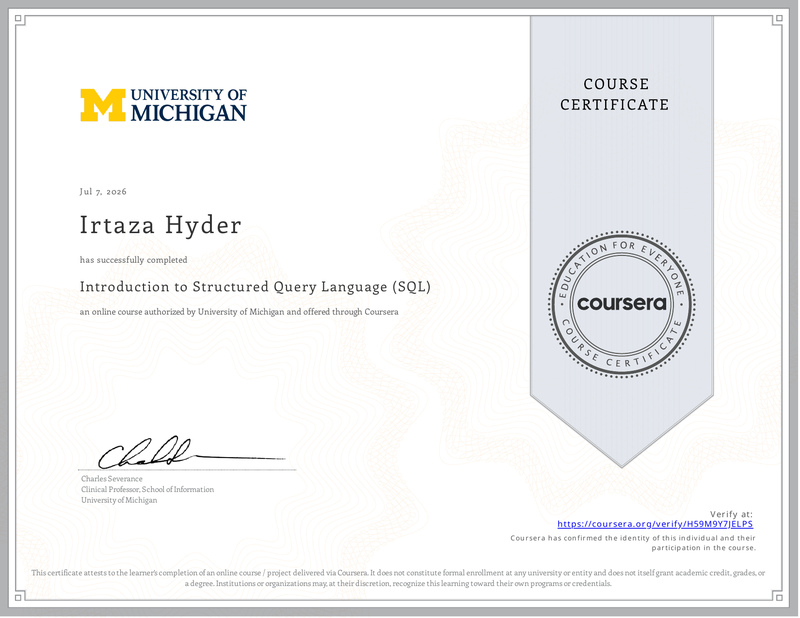 Introduction to SQL certificate