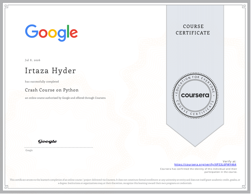 Crash Course on Python certificate